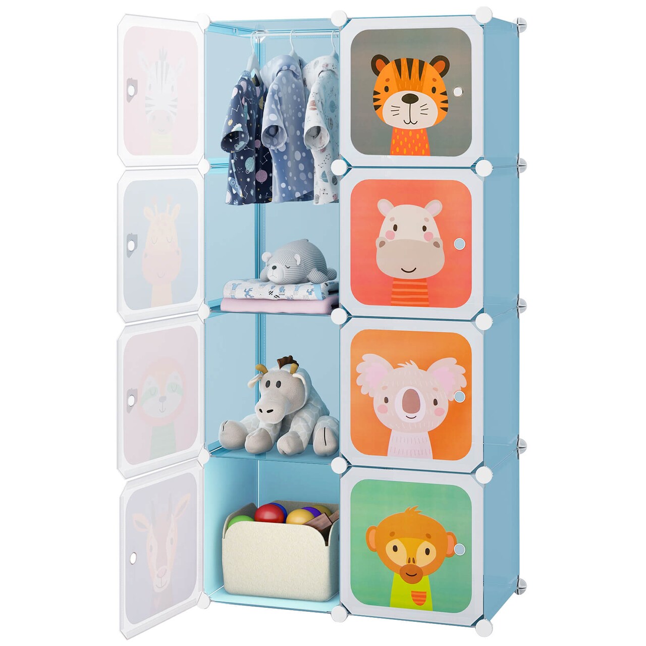 Costway 8-Cube Kids Wardrobe Baby Dresser Bedroom Armoire Clothes Hanging Closet with Doors Blue/Pink/White